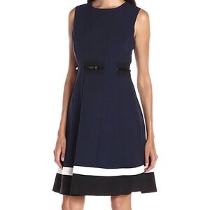 Calvin Klein Fit &‎ Flare Dress Women's Size 2P Navy Blue Sleeveless Belted